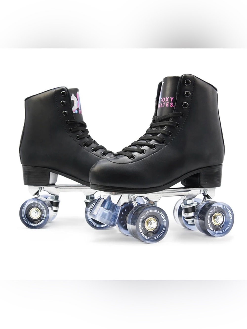 Foxy Skates NWT Black Roller Skates with Clear Blue Wheels SIZE 7 Women’s